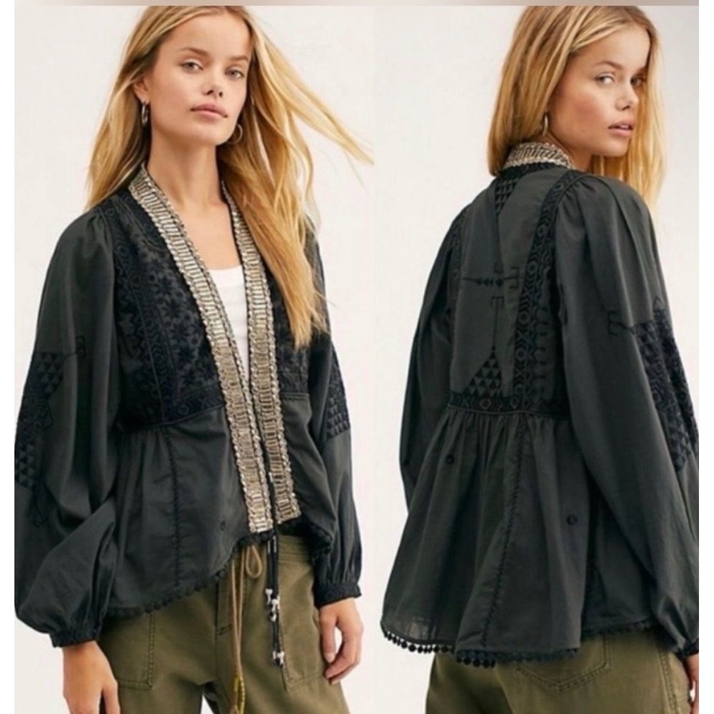 Free People Jasmine Embroidered Beaded Jacket Black Boho Peplum Small